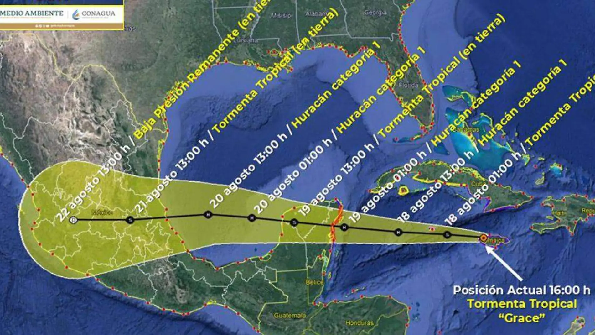 La Conagua informó que la tormenta tropical “Grace”, continúa aproximándose rápidamente a la Península de Yucatán